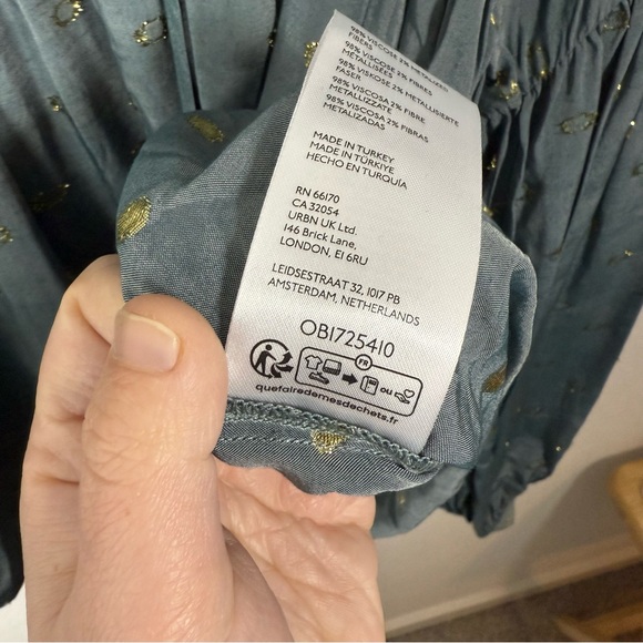 By Anthropologie Women’s Ruffled Peasant Blouse in Blue/Gold Metallic M - Picture 15 of 16